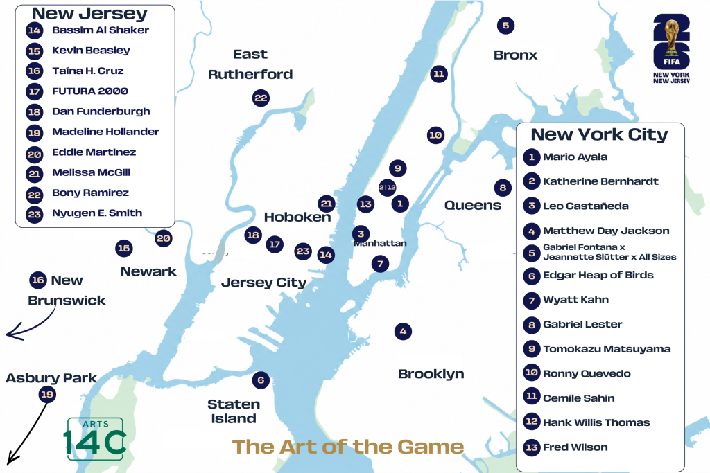 map of NYC and north eastern New Jersey with dots indicating the location of soccer ball sculptures
