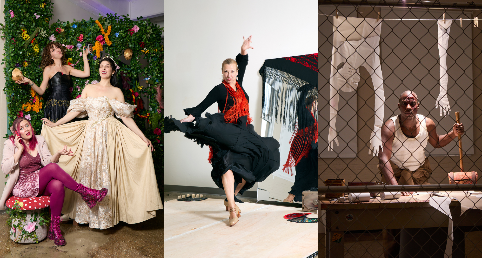 three images side by side with the dramatic women of Undead Arts on the left and flamenco dancer Natallia Basava in the middle and a scene from Necropolis 14C on the right