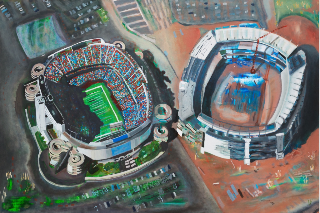 ARTS 14C Special Project artist Emily Drew Miller’s colorful aerial painting of two neighboring stadiums, contrasting a crowded green playing field with an adjacent arena under construction.